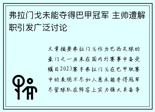 弗拉门戈未能夺得巴甲冠军 主帅遭解职引发广泛讨论